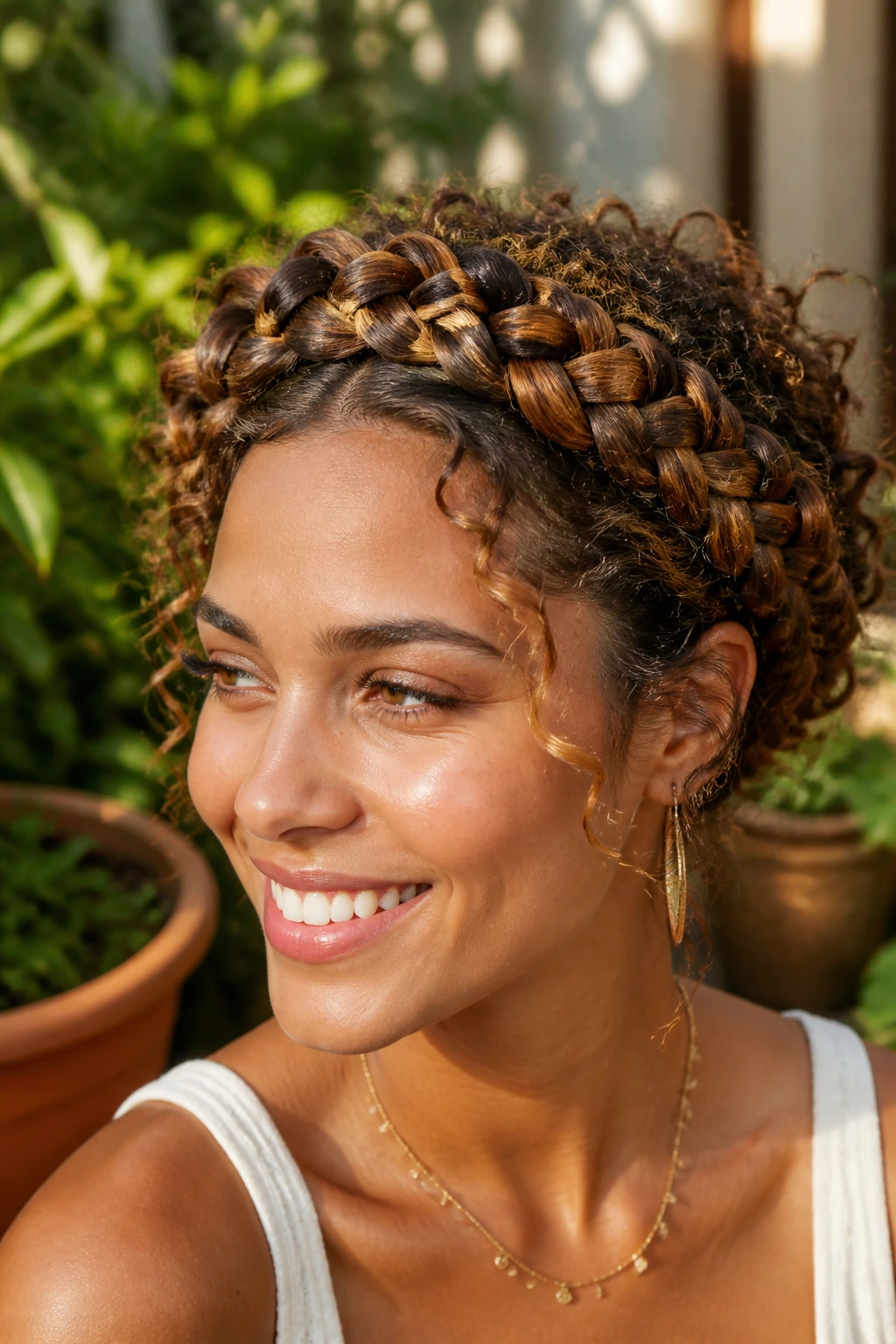 Portrait of a real person wearing a braided crown around the head