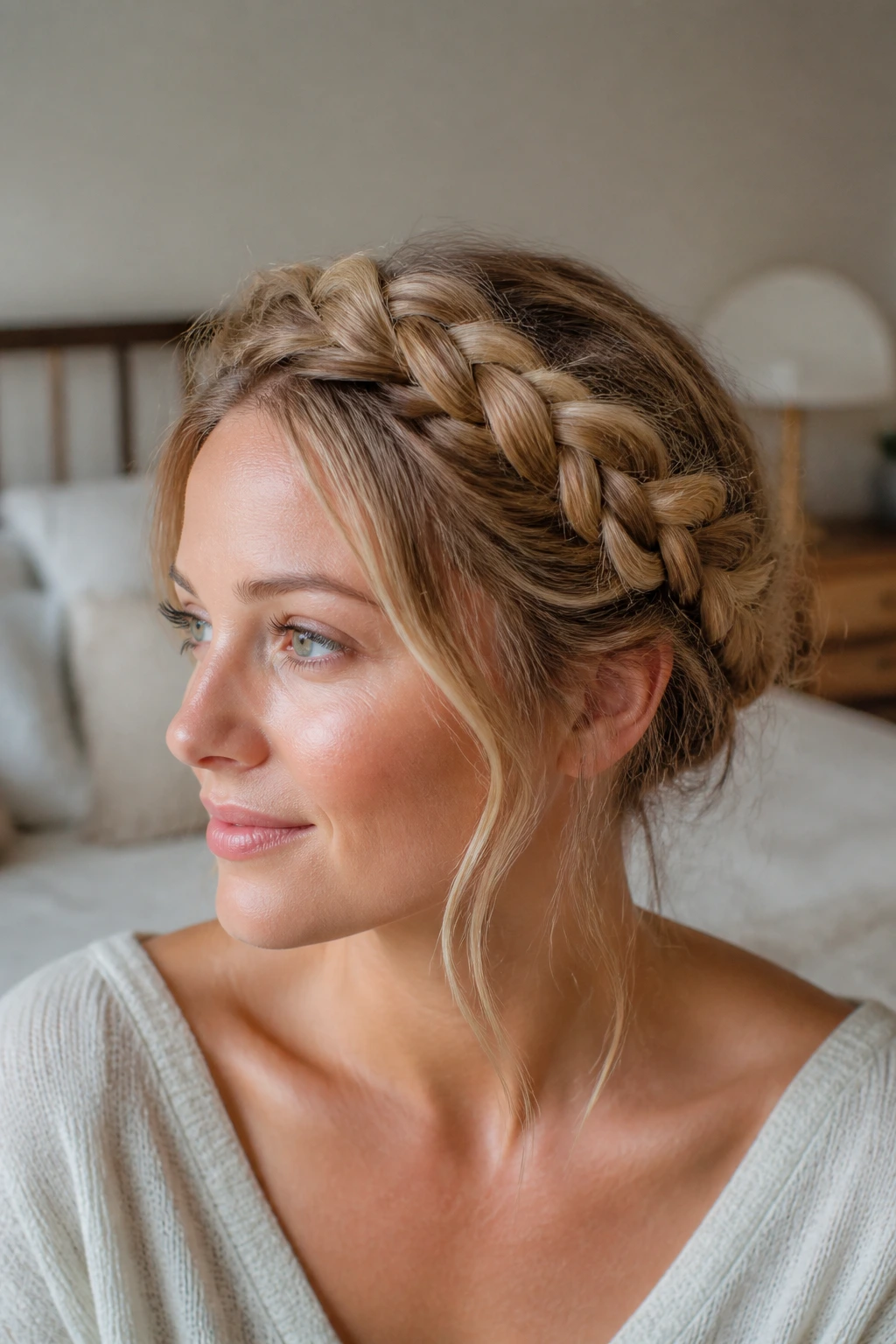Close-up of a real woman with a crown braid hairstyle