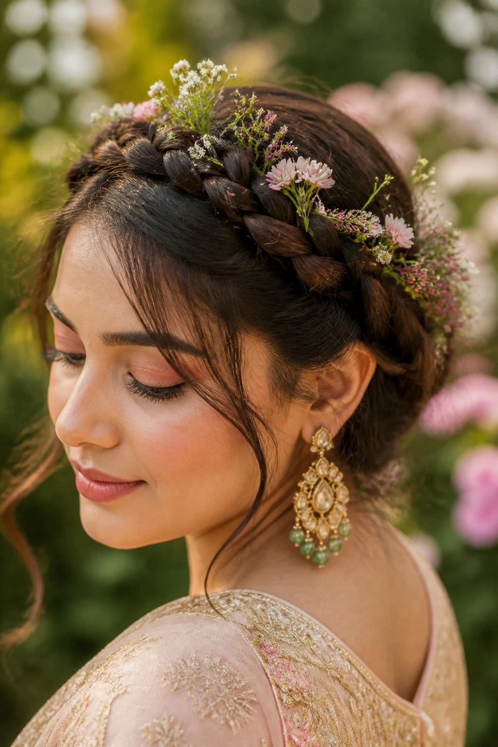 Real woman wearing a floral crown braid in a garden setting