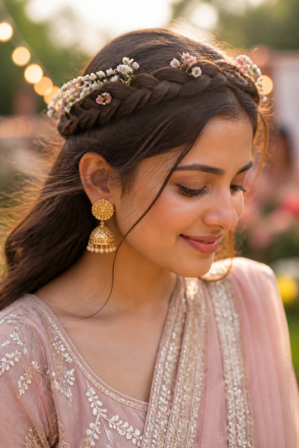 Close-up of a real woman wearing a braided crown with flowers outdoors