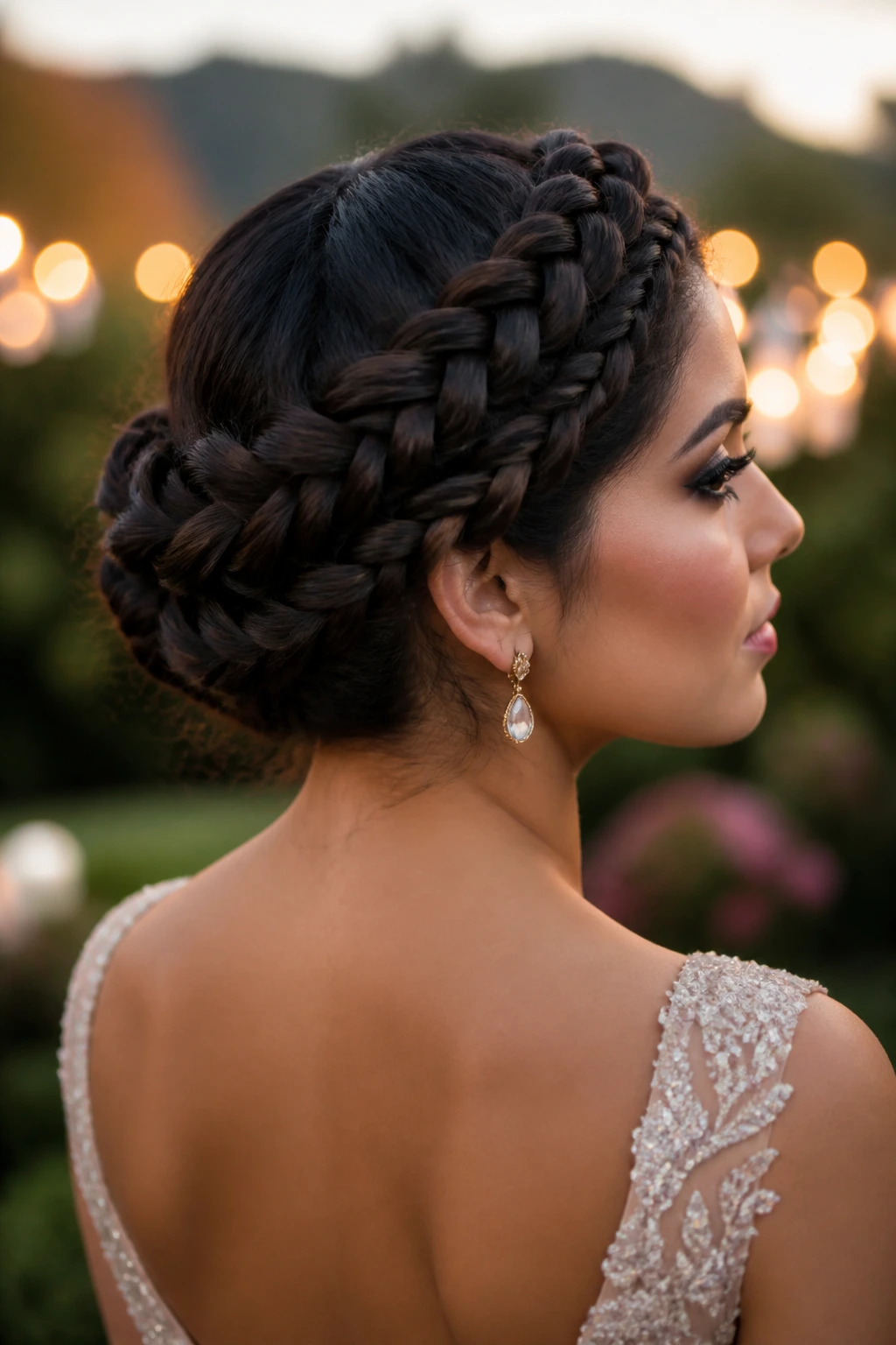 Close-up of a real woman with a crown braid for formal events