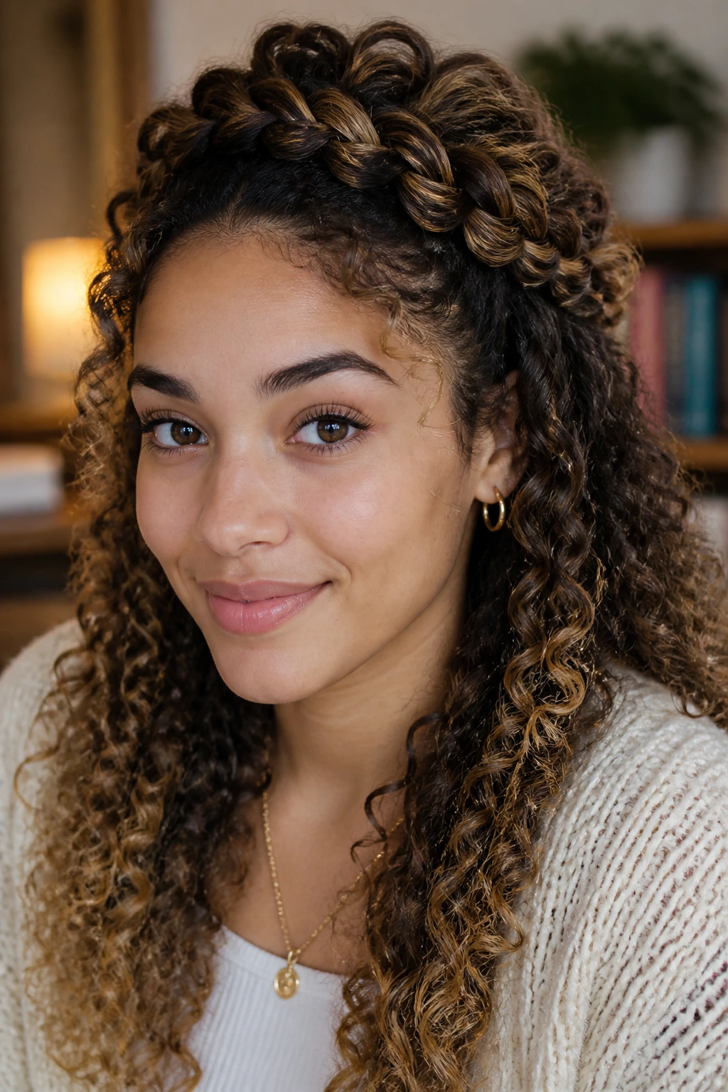Close-up of a real person with a half-up braided crown across the top of the head