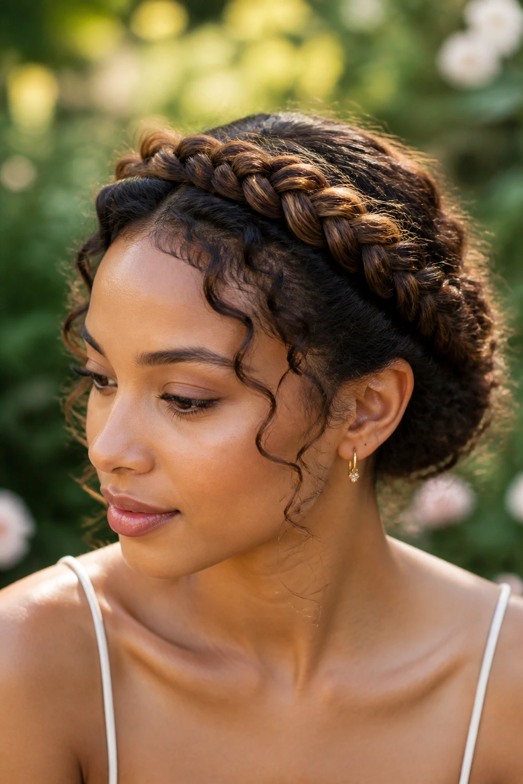 Real woman with braided crown hairstyle outdoors in natural light
