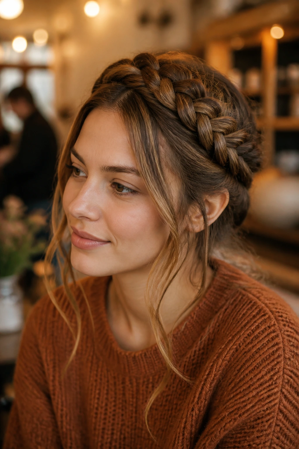 Close-up of woman with halo braid crown