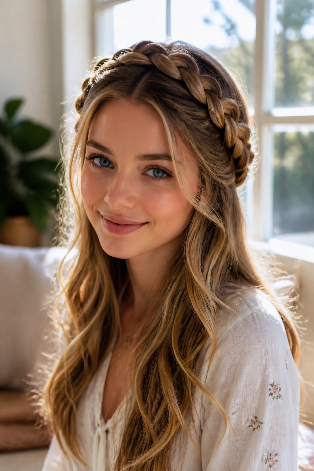 Close-up portrait of a real woman with a loose braided crown around long hair