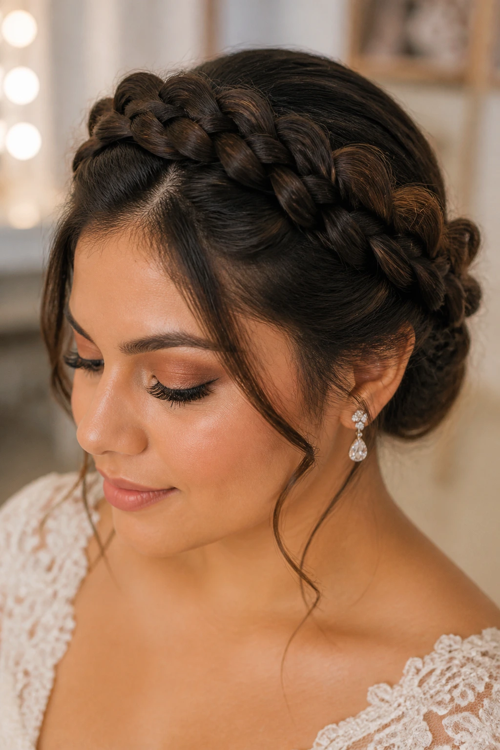 Close-up of real Latina woman with Dutch crown braid in softly lit room