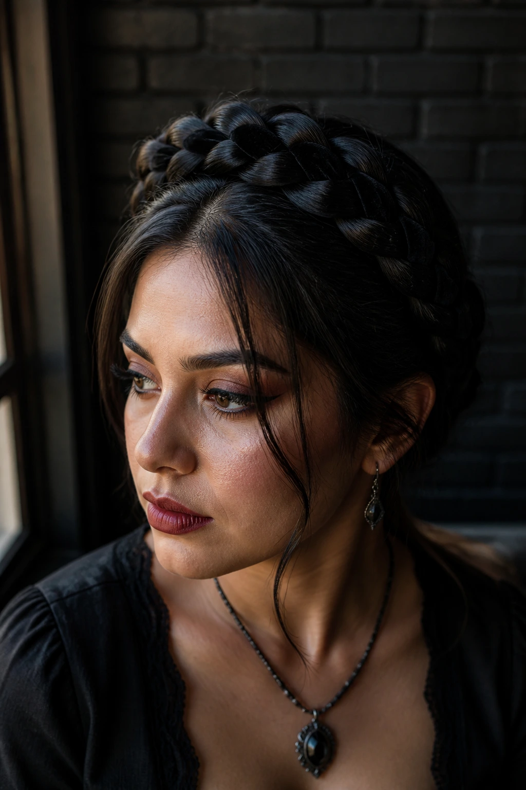 Close-up of Latina woman wearing crown braid with black ribbon in moody gothic light