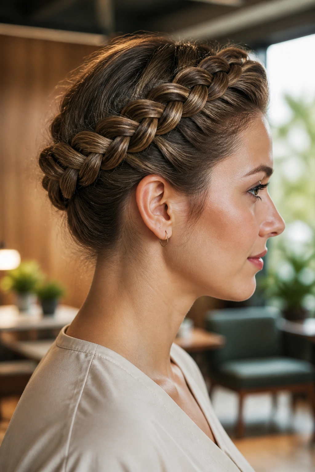 Profile view of a woman wearing a crown braid wrap in an office