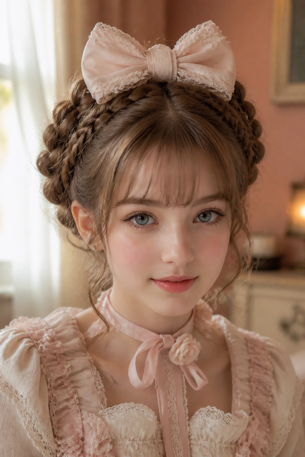 Woman with twin braided crowns and a central bow