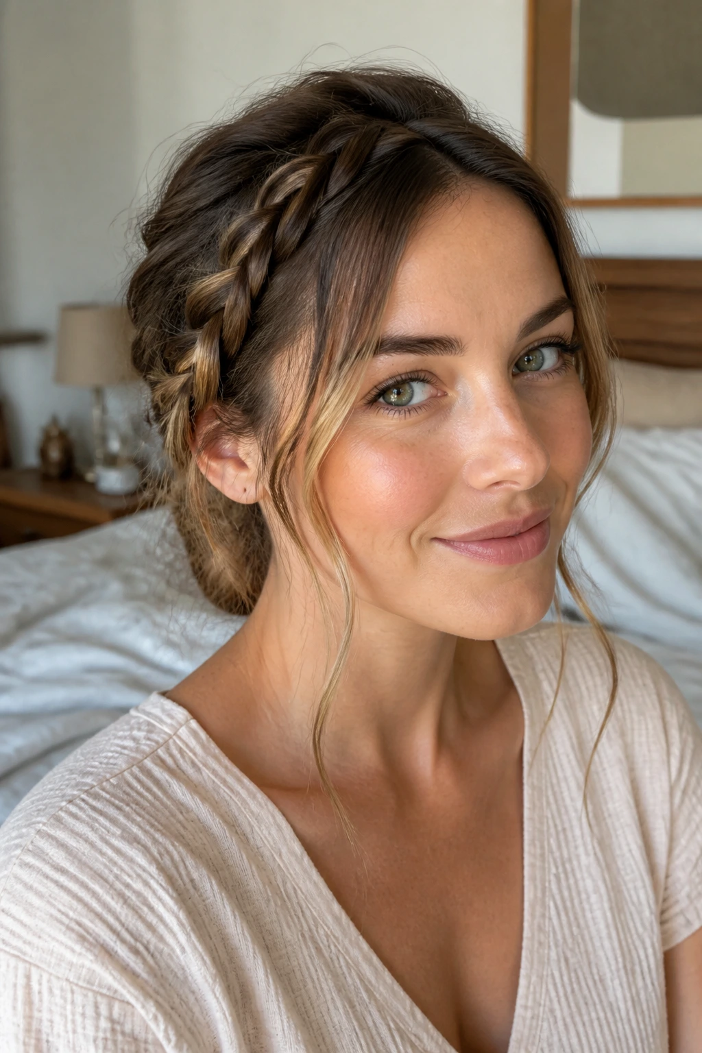 Portrait of a woman with a braided face-frame hairstyle