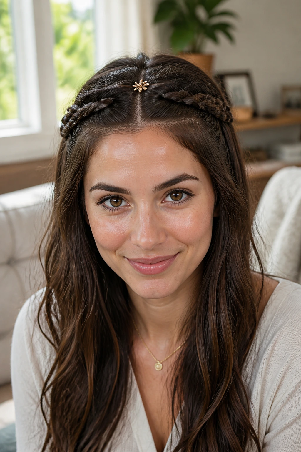 Close-up of a real woman with two temple braids meeting in the center