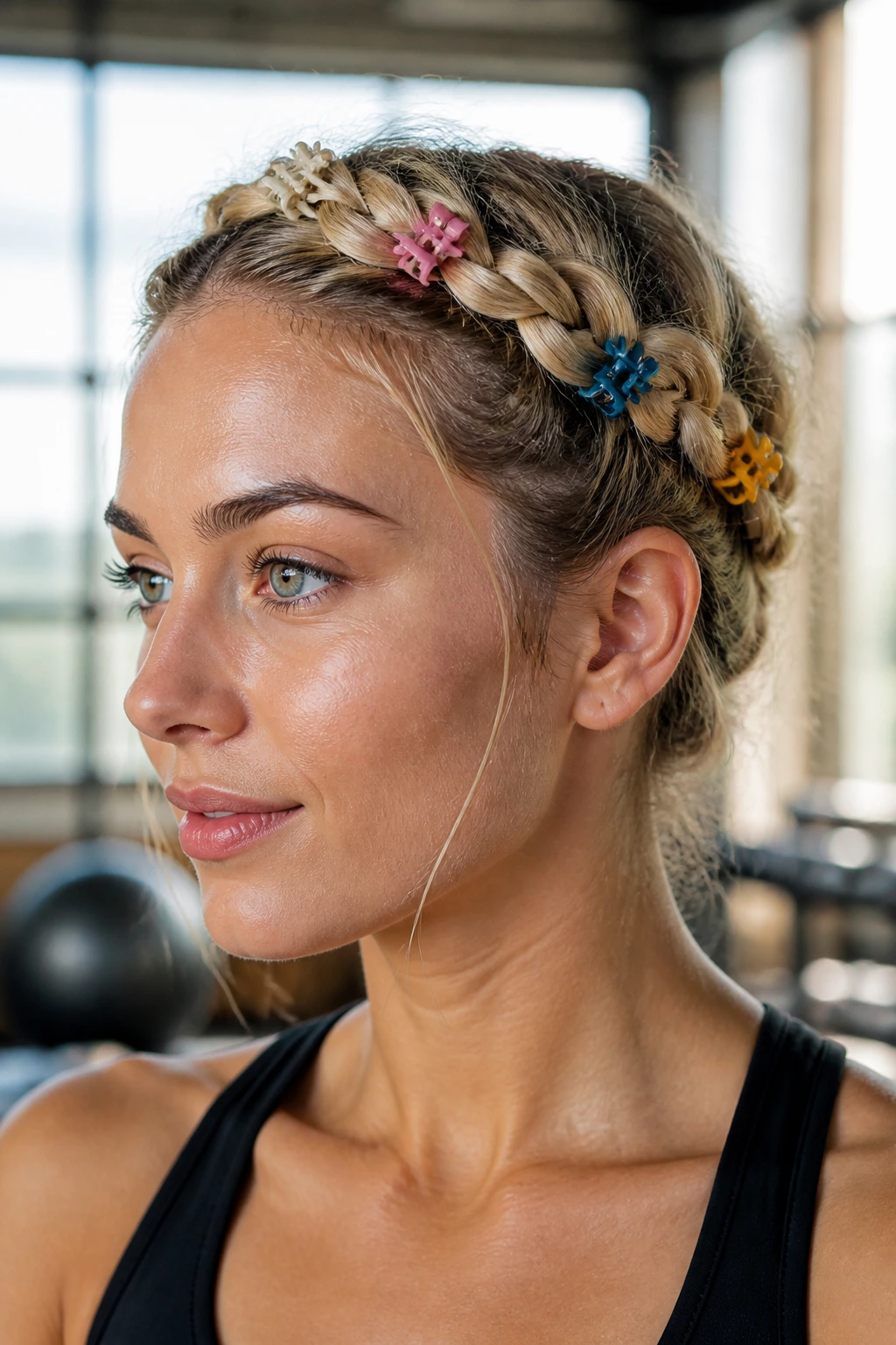 Close-up of real woman with braided halo secured by colorful claws during workout