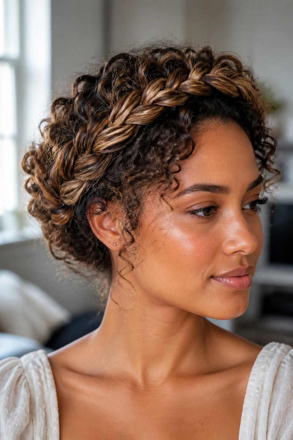 Close-up of a real person wearing a braided halo crown with curls