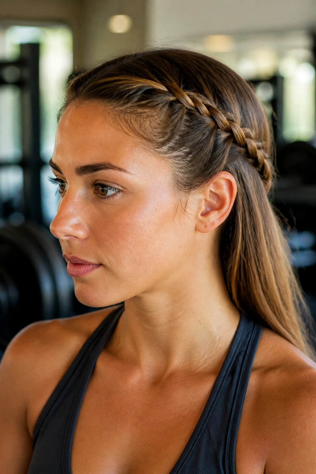 Close-up of half-back braided halo hairstyle on real woman during workout