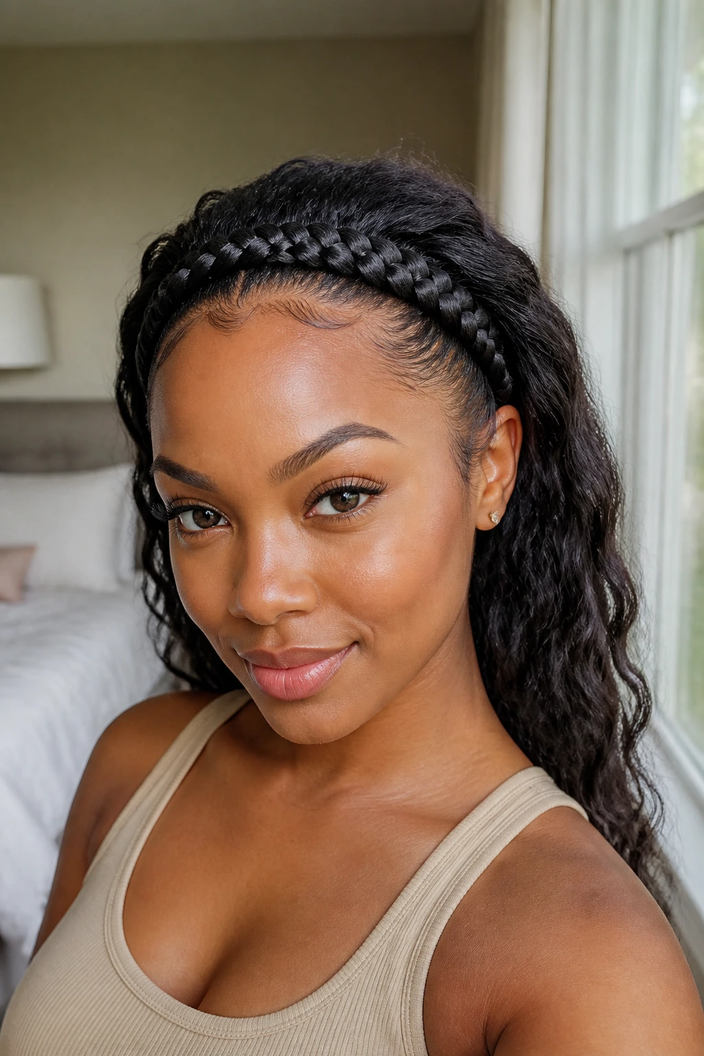 Front close-up of a real person with a horizontal hairline cornrow forming a headband