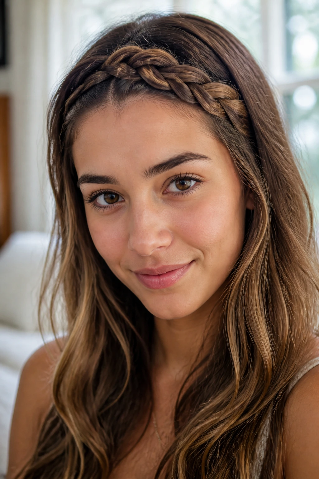 Close-up of a real woman with a front French braid headband along the hairline