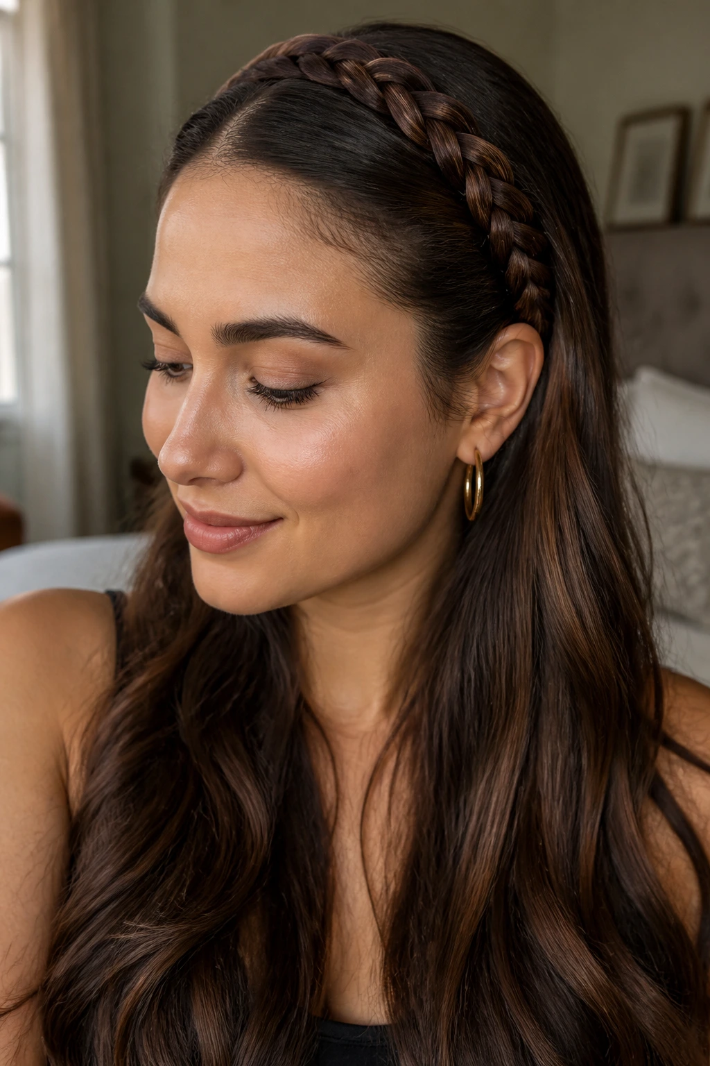 Close-up portrait of a real woman wearing a braided headband with down hair, soft window light.