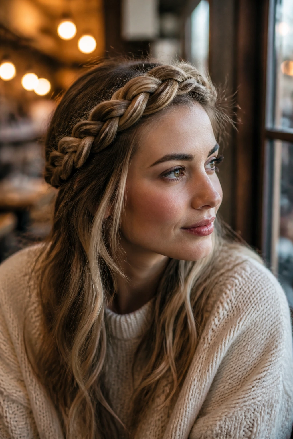 Close-up of a woman with a crown-like braided headband along the hairline