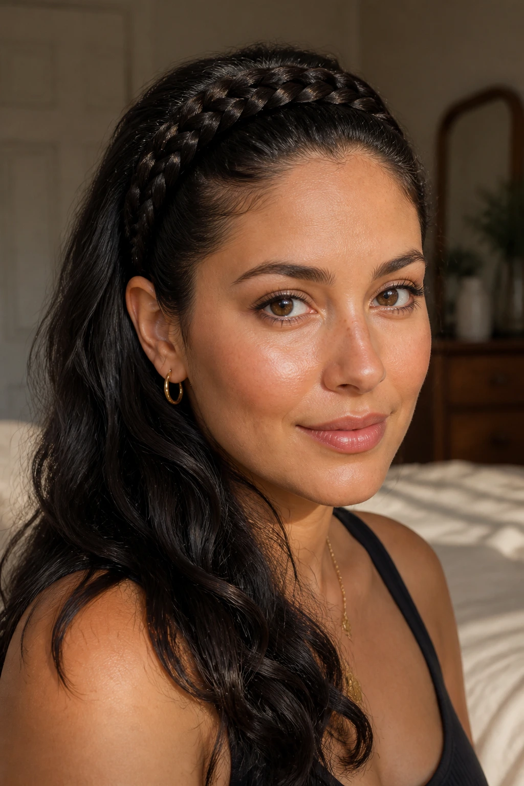 Close-up of a real woman wearing a braided headband across the temples.