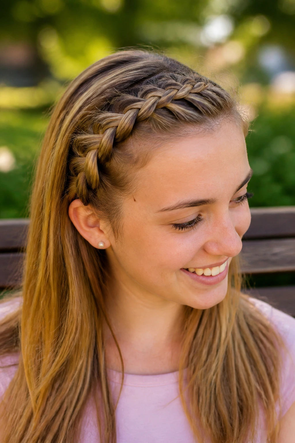 Person wearing a braided headband hairstyle in a sunny park