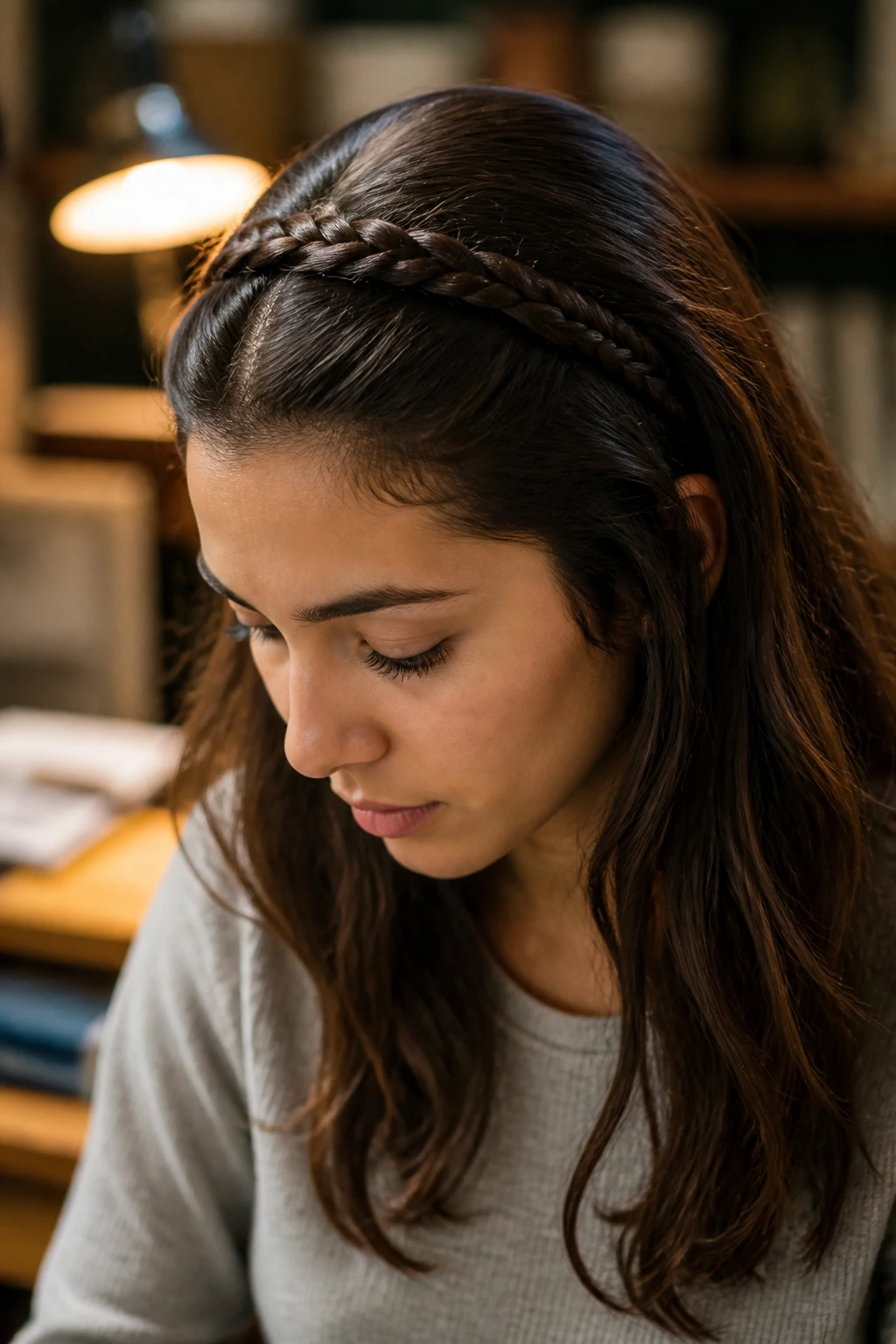 Close-up of real woman with a delicate braided headband across the crown
