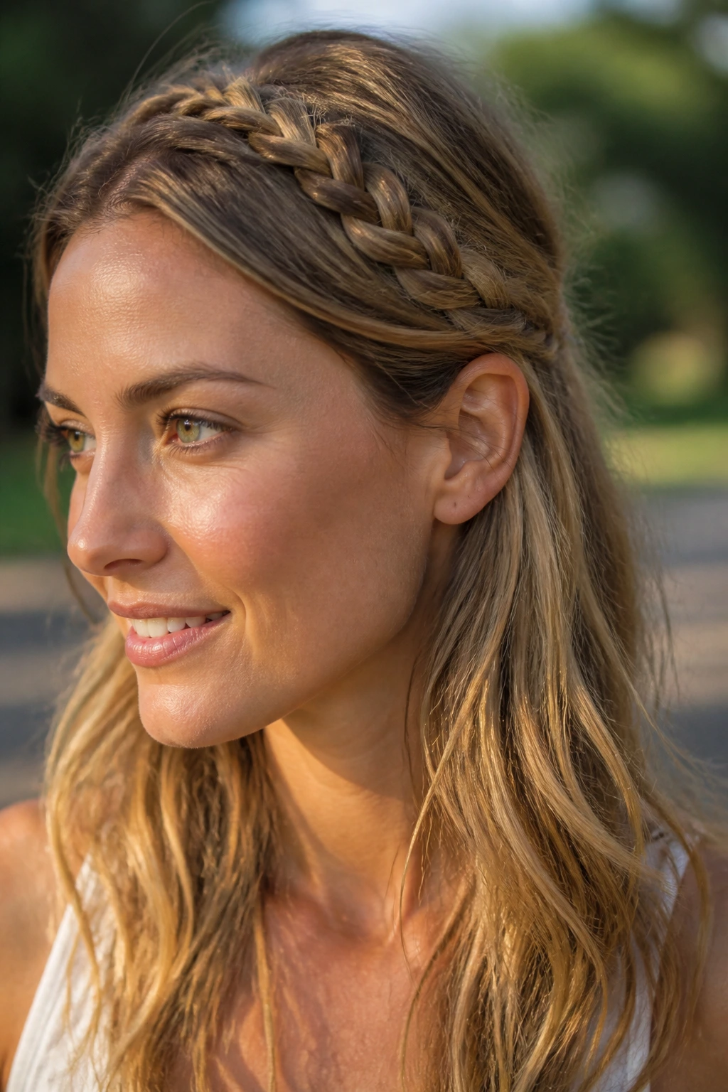 Close-up of a real woman's head wearing a braided headband across the crown