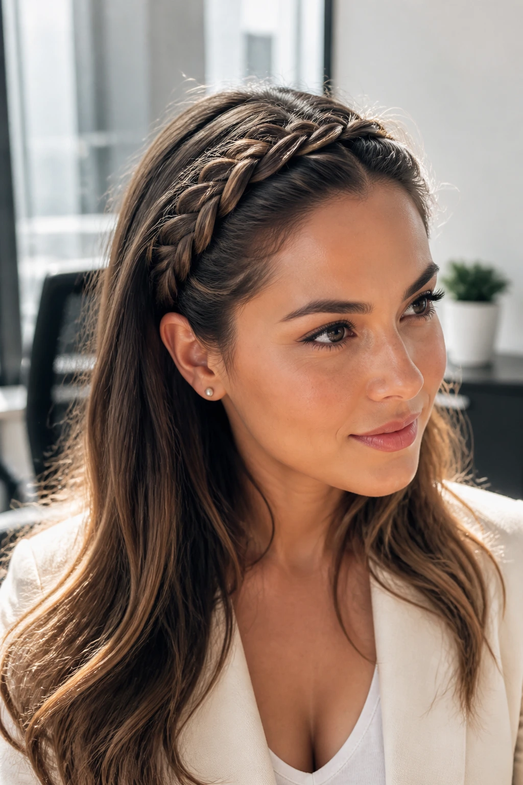 Real woman wearing a braided headband across the hairline.