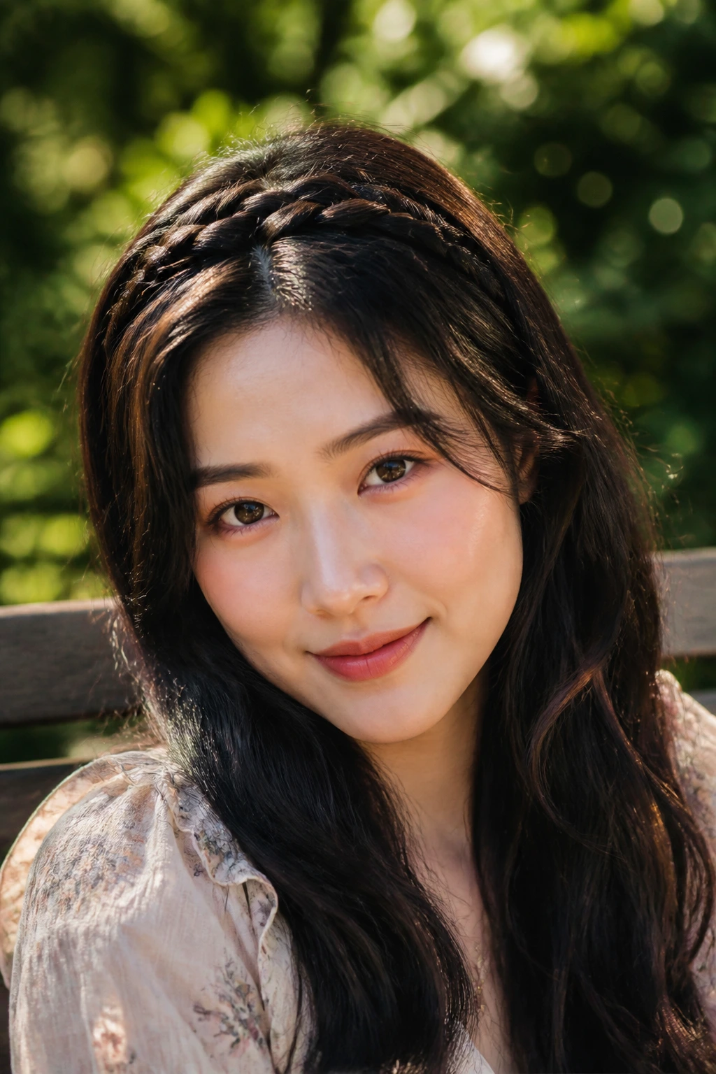 Close-up of a woman wearing a braided headband across the top of her head in natural texture.