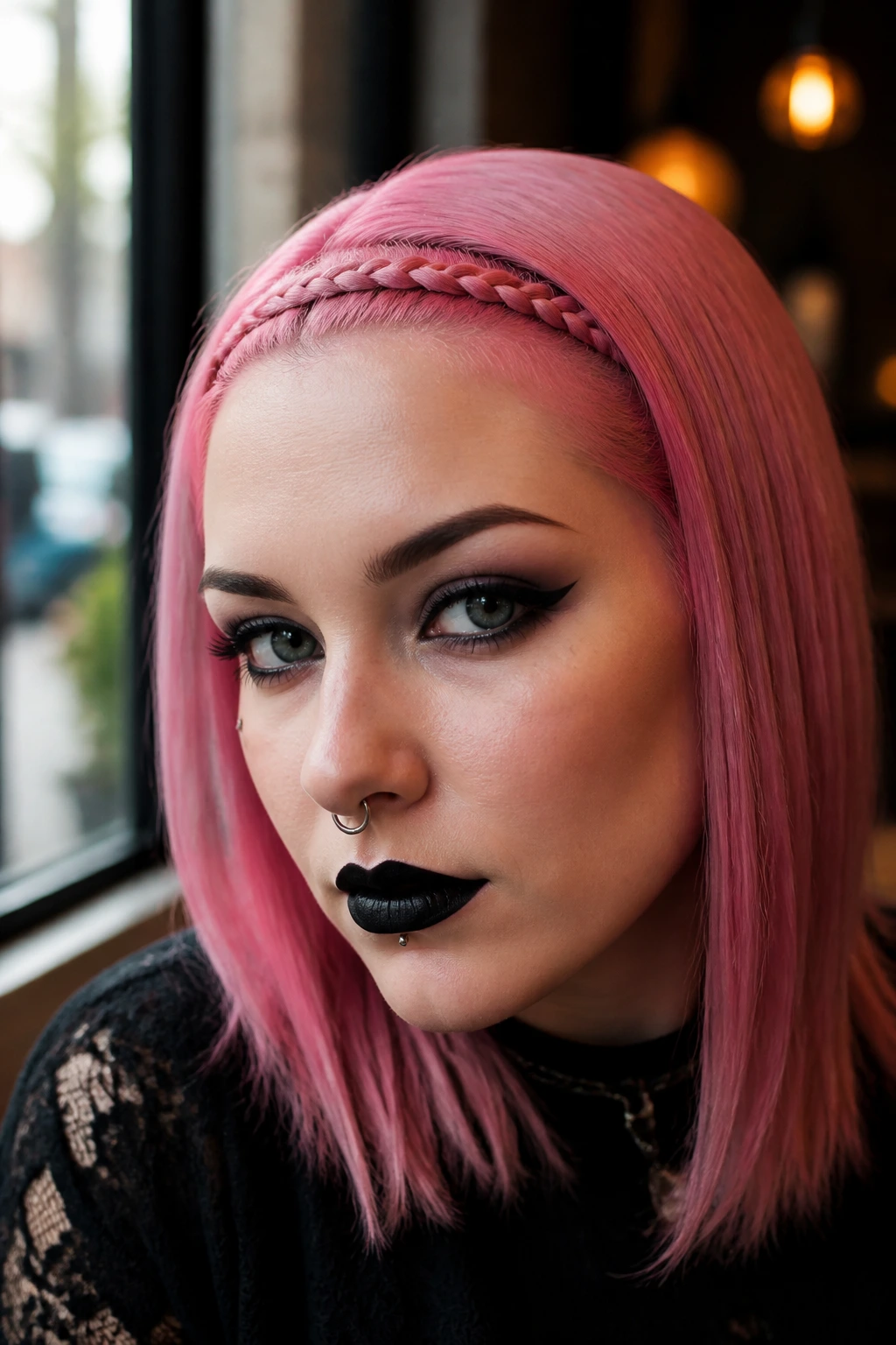 Close-up portrait of a person with a braided headband across the hairline in natural light.