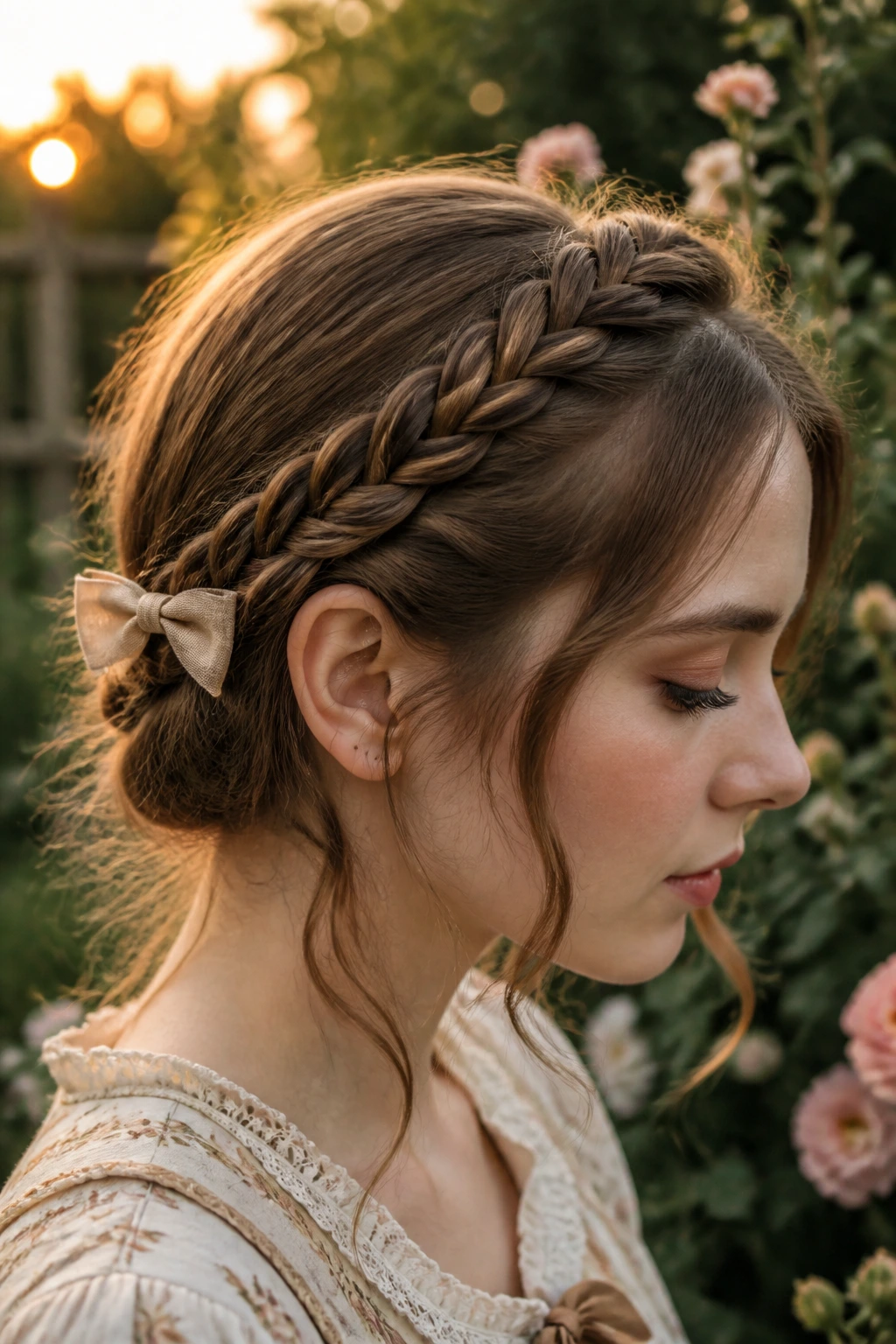 Profile of a real woman with braided headband hairstyle outdoors