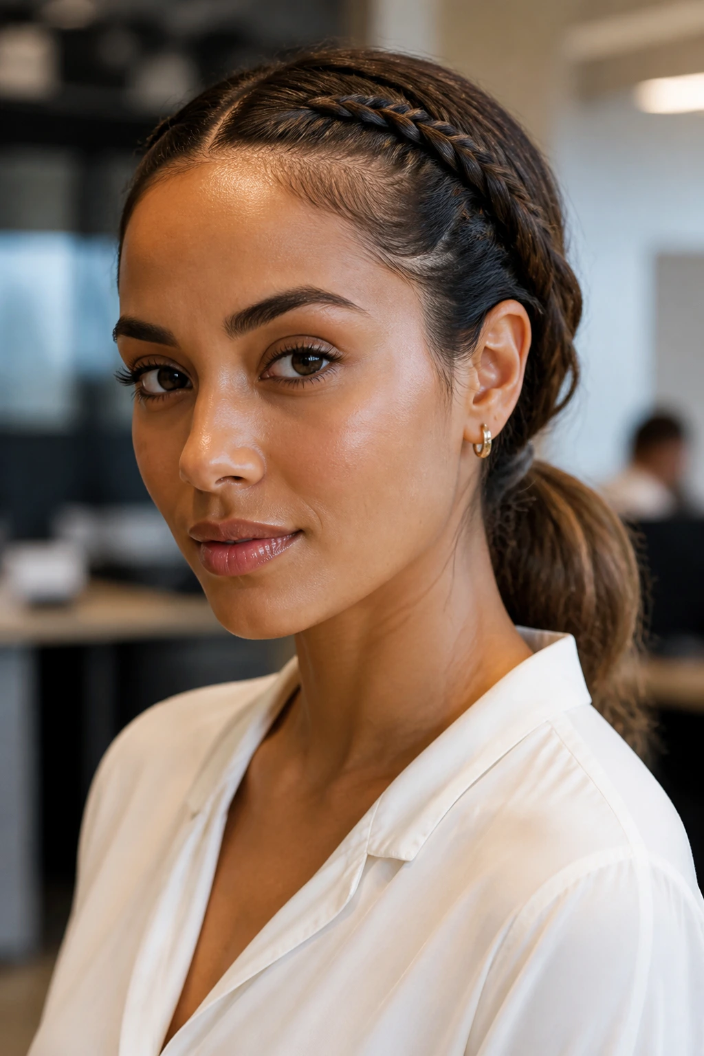 Portrait of a woman with front braids feeding into a low ponytail in office