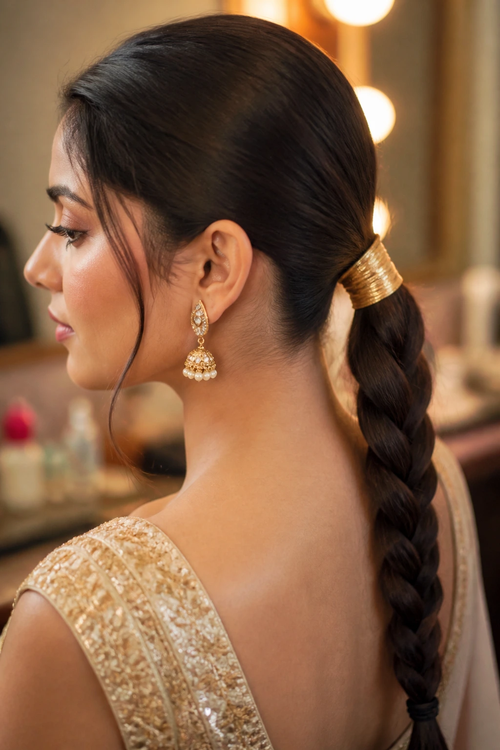 Close-up of a real woman with a braided low ponytail wrapped in gold ribbon