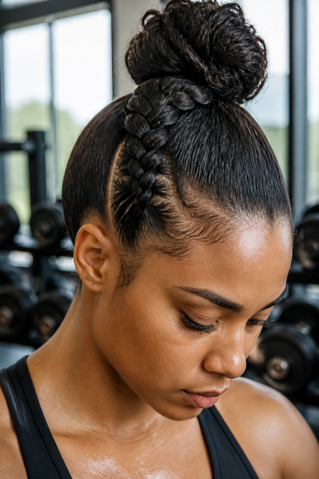 Close-up of a real person with a braided Mohawk-style bun in a gym setting.
