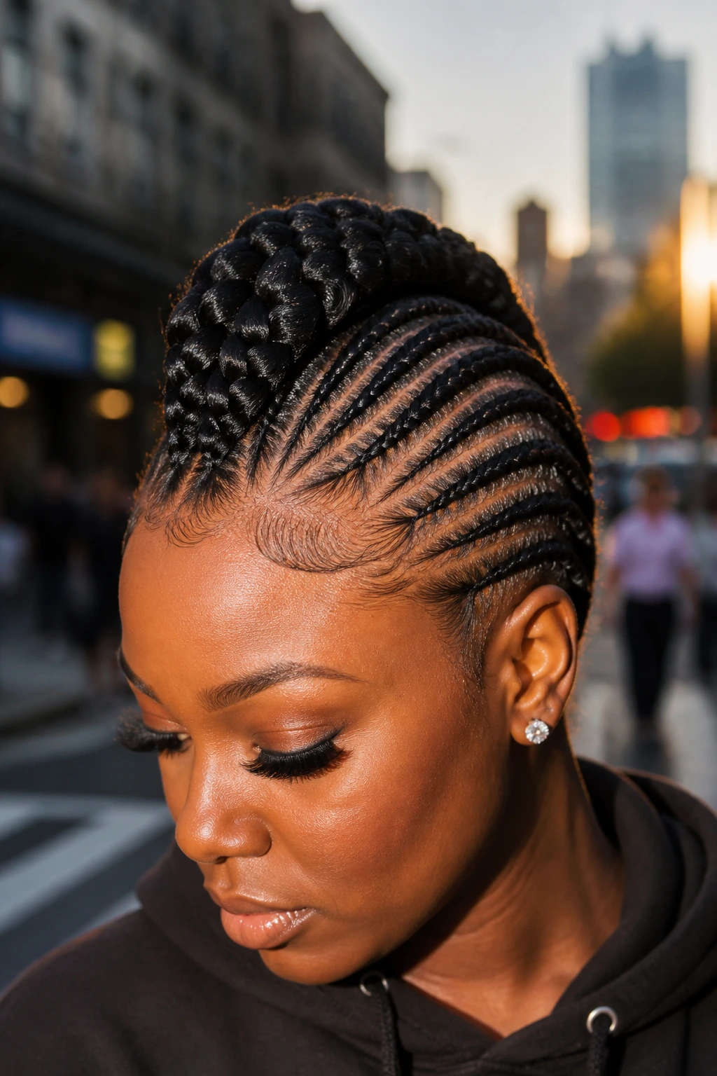 Close-up of a real woman with a braided mohawk hairstyle.