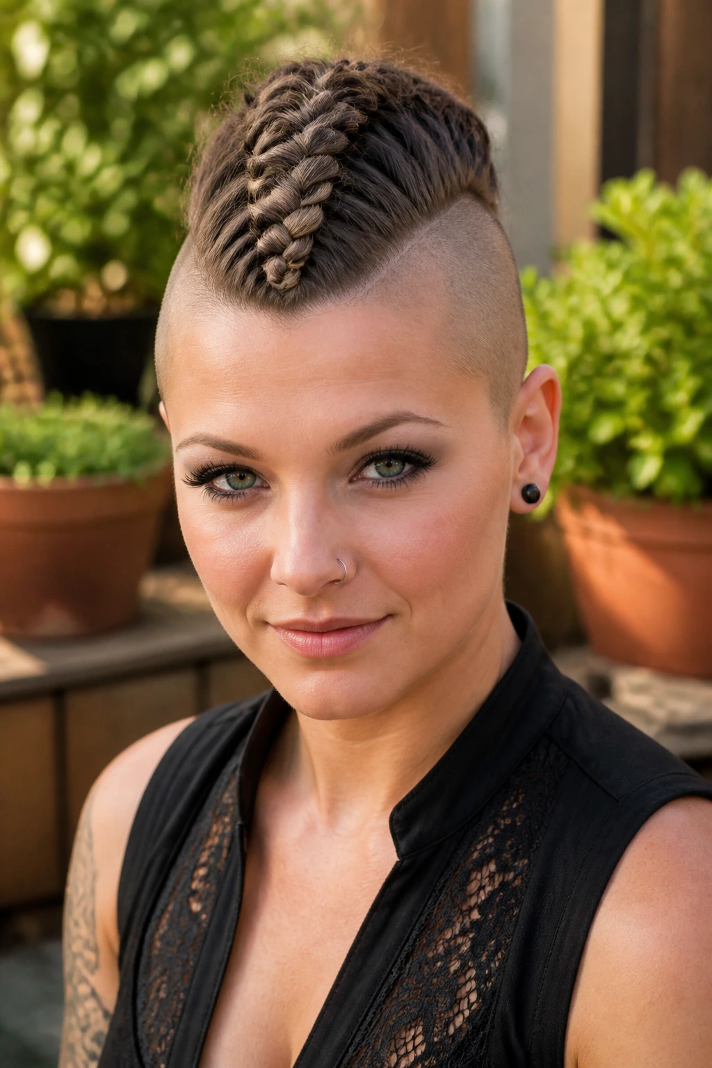 Person wearing a mohawk with a centered Dutch braid down the strip