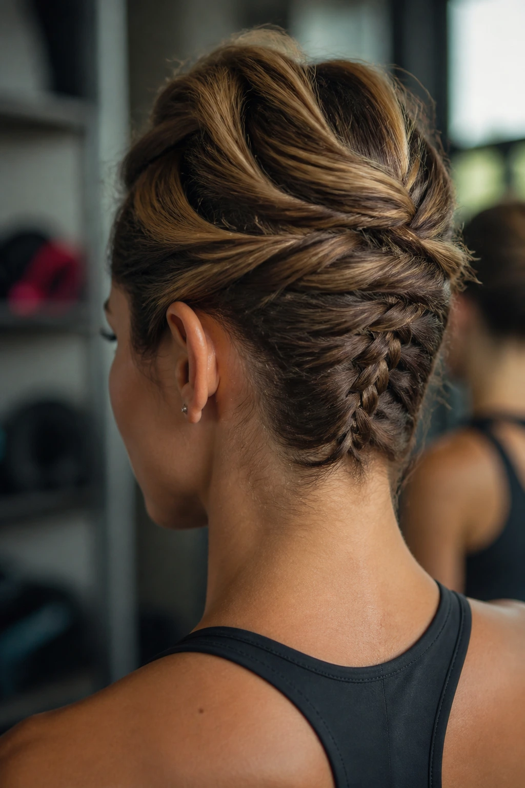 Back of head view of a real person with a nape braid and twisted crown.