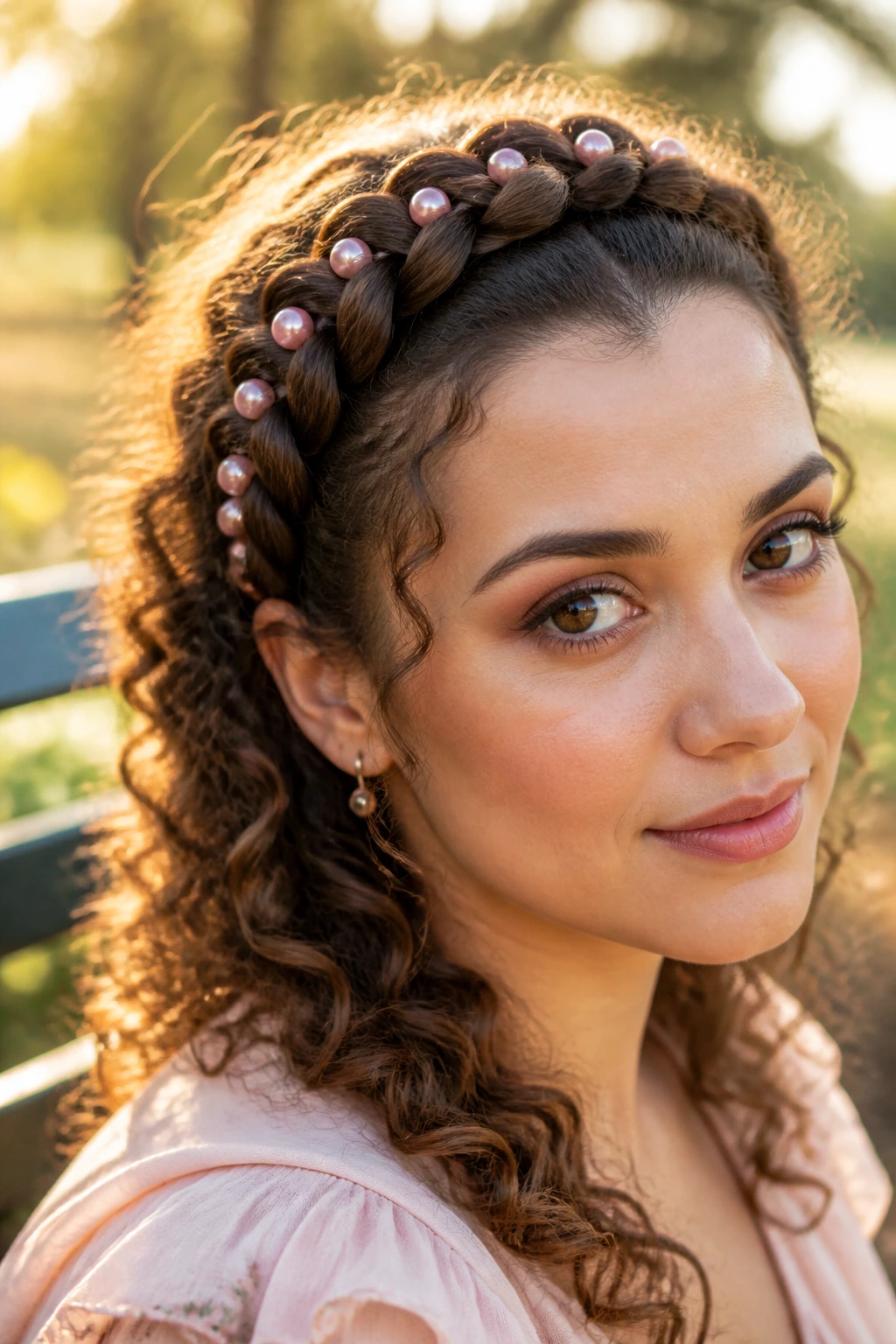 Close-up of a real woman wearing a braided pearl headband in curly hair
