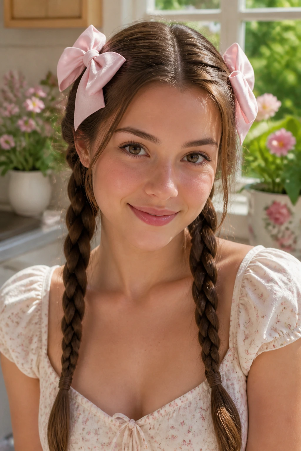 Front portrait of braided pigtails with bows