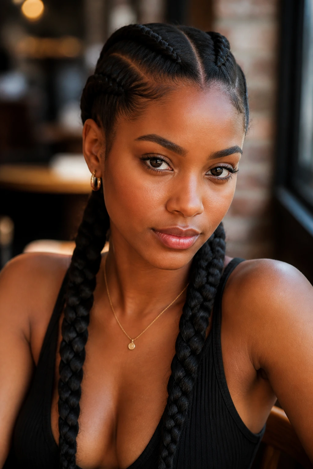 Close-up portrait of a real woman with two thick braided pigtails