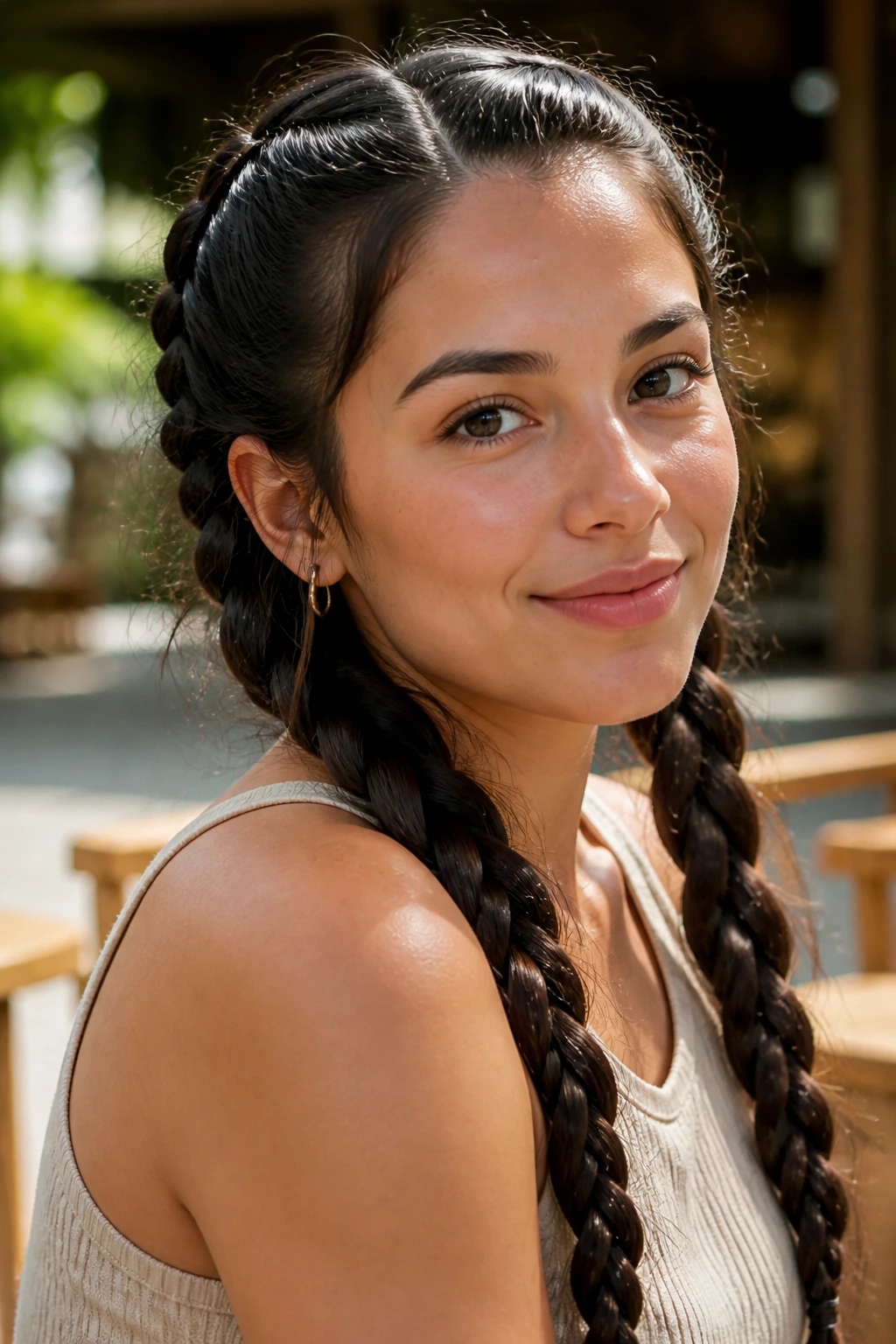 Close-up of a real woman with two loose Dutch braids.