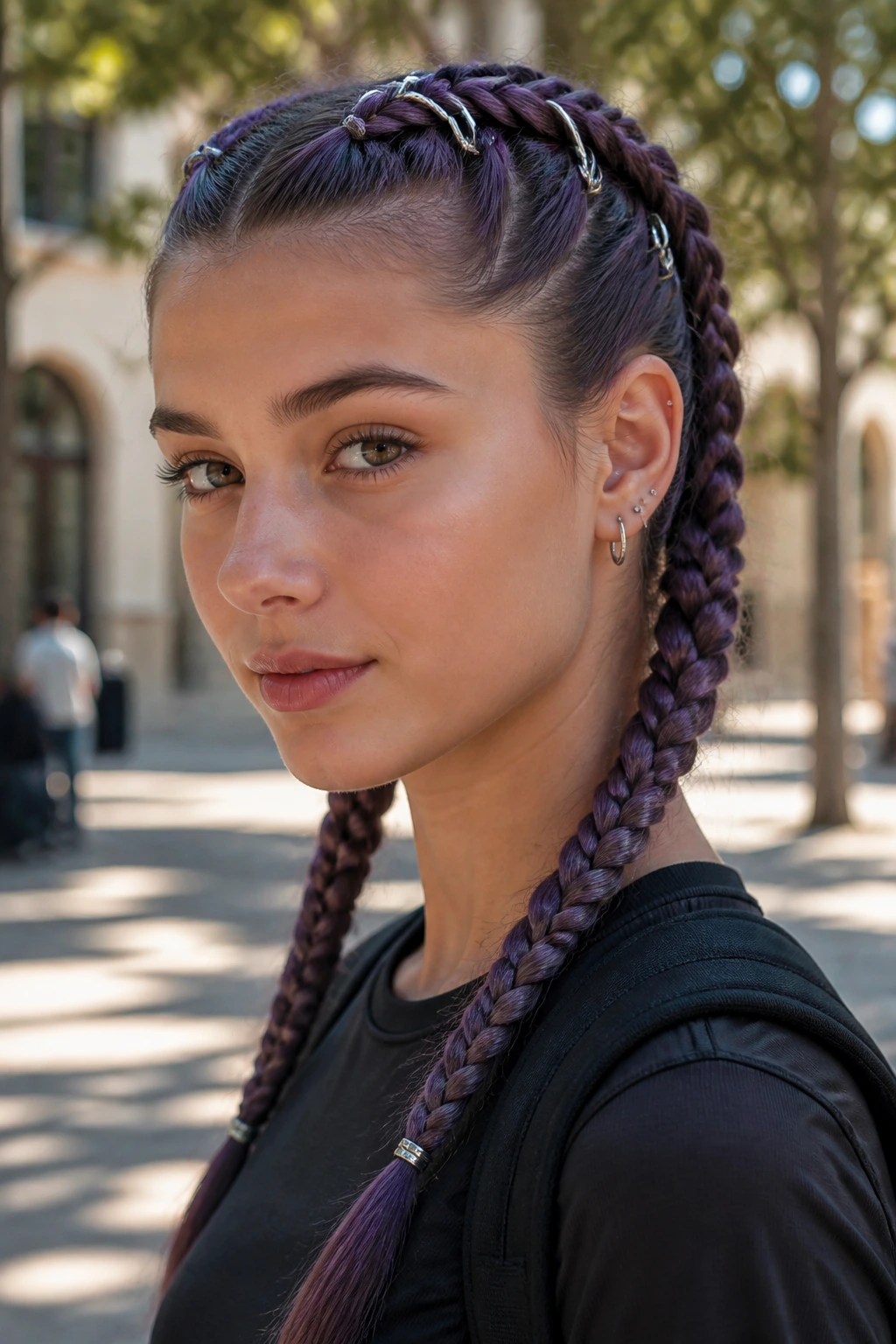 Close-up of real person with braided pigtails and silver accents