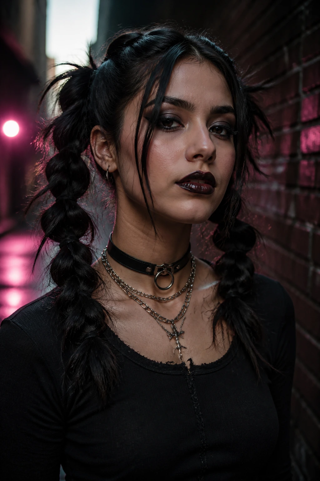 Close-up of a real woman with messy braided pigtails and front face-framing pieces