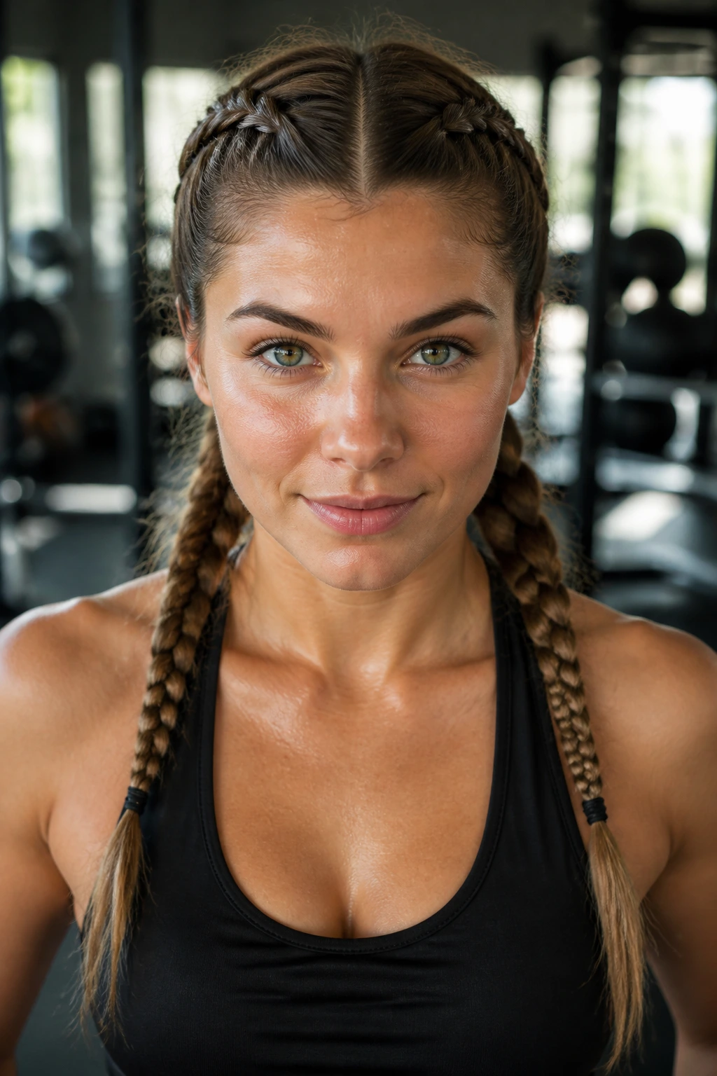 Close-up of a real woman with two tight French braided pigtails in gym lighting