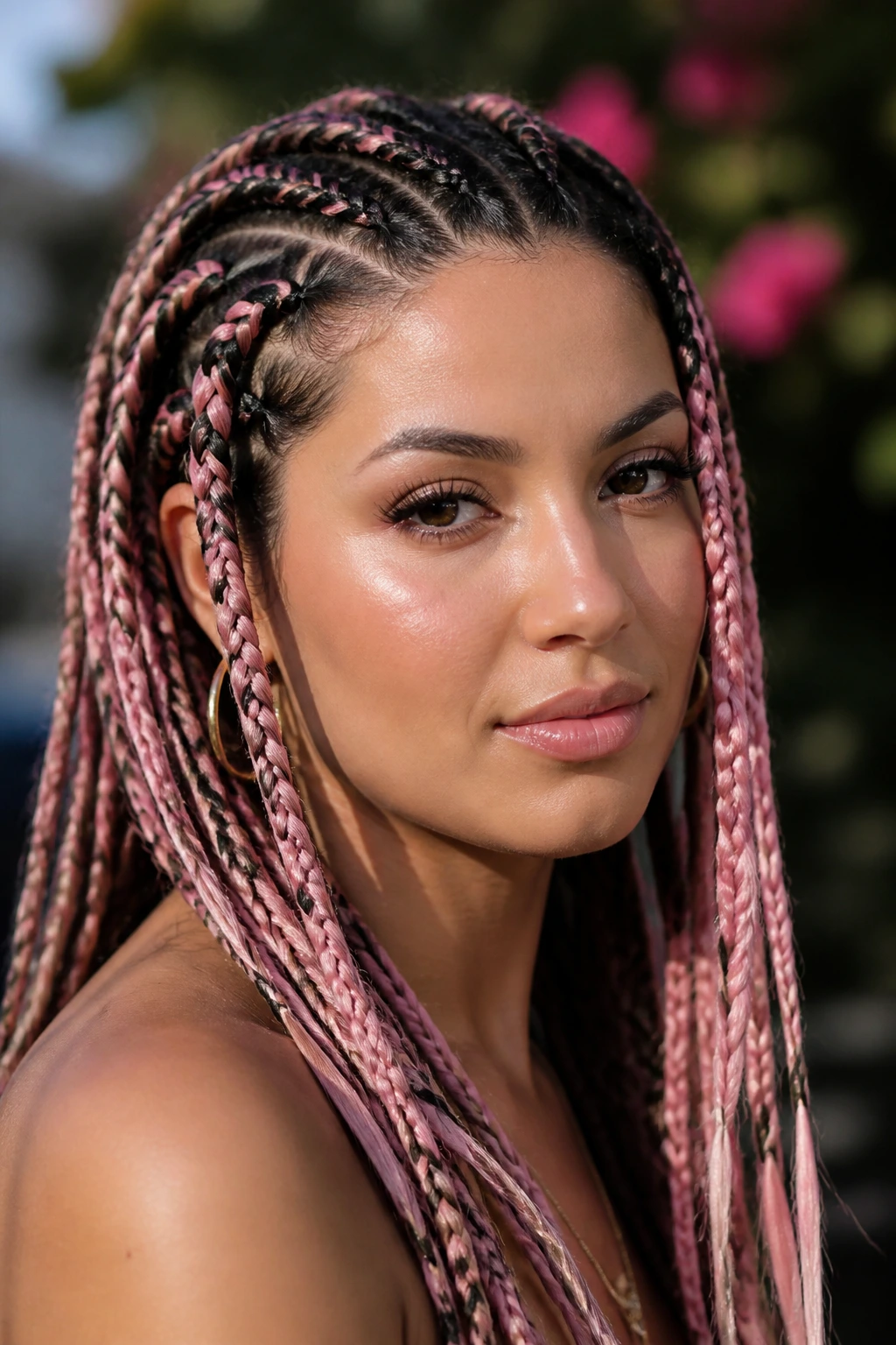 Close-up of real person with braided pink accents extensions