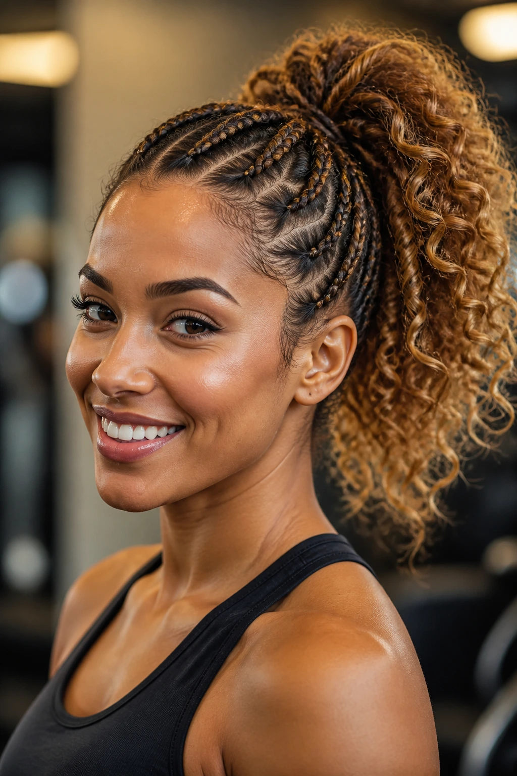 Close-up of a real woman with a high braided ponytail and curly base.