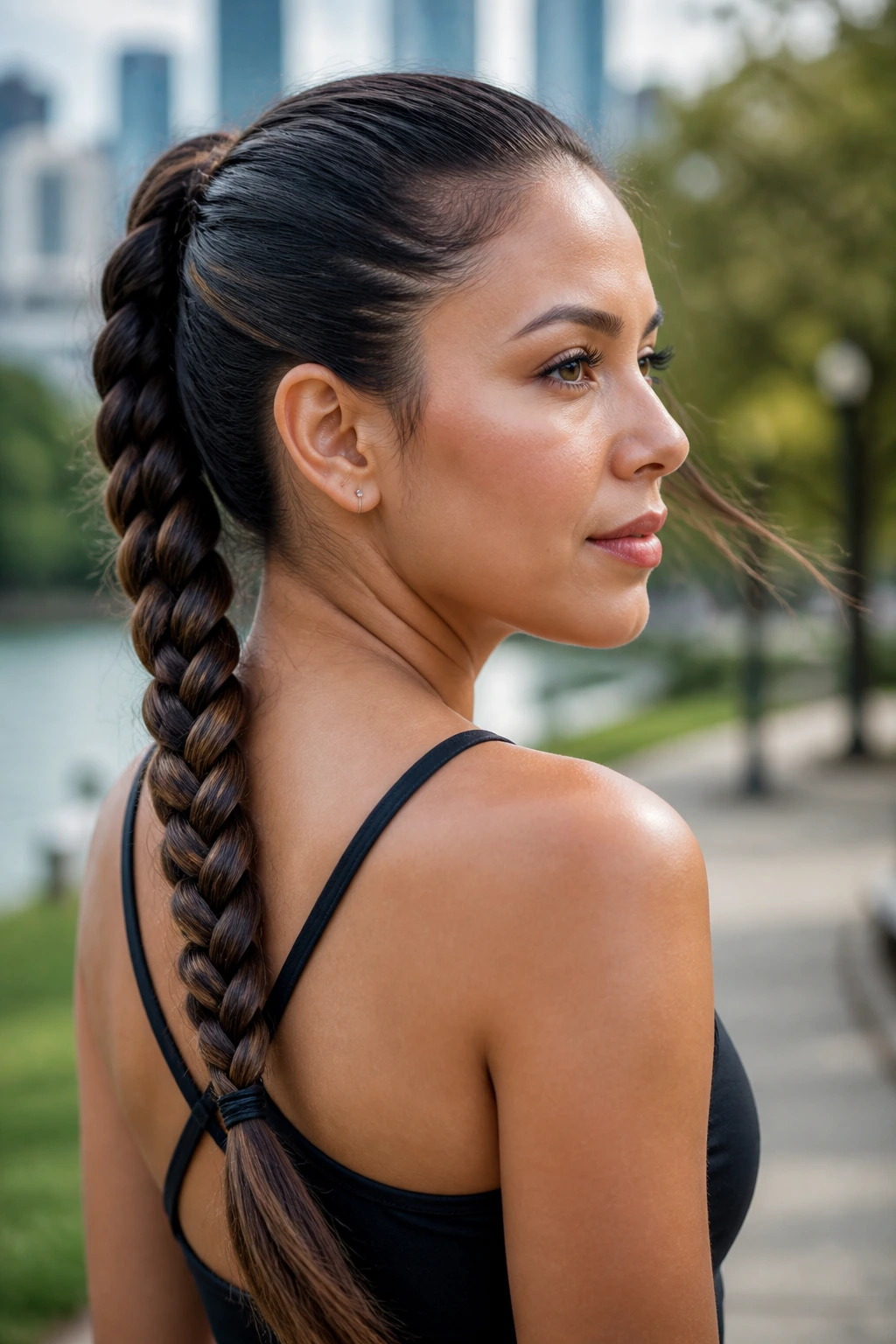 Close-up of a real woman with a long braided ponytail.