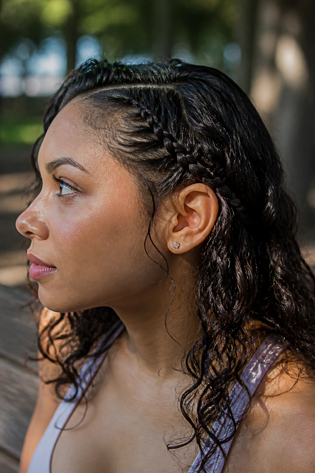 Portrait of a real woman with a narrow side braid along the hairline