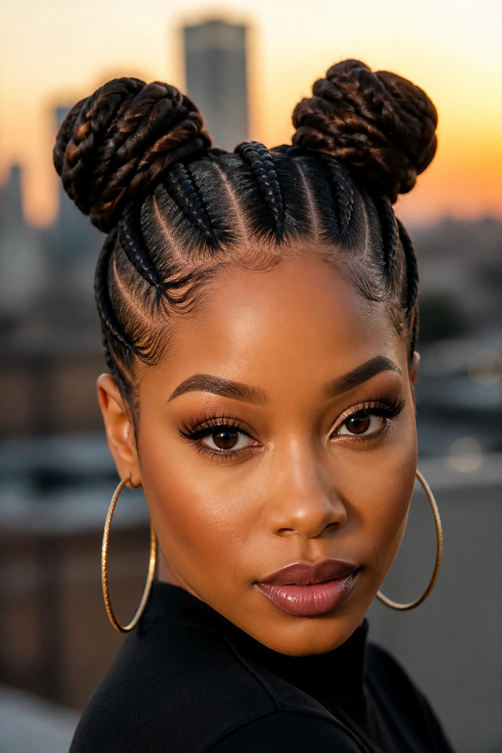 Close-up portrait of a real woman with braided space buns