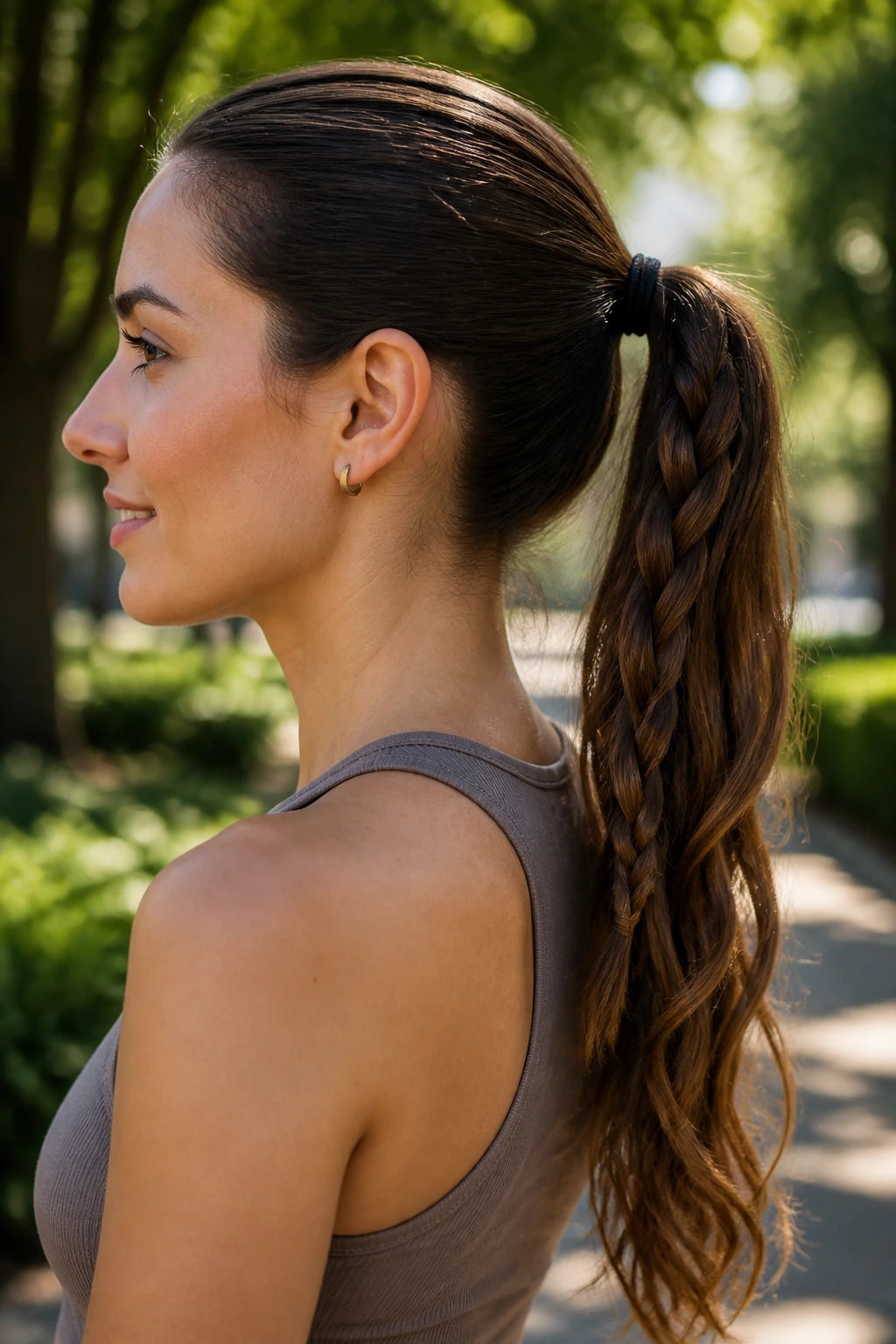 Side profile of a real woman with a braided-tail pony