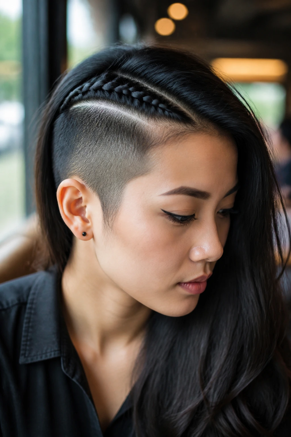 Portrait of real Asian person with braided undercut along the part in cafe setting